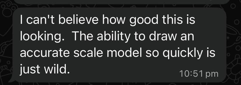 Fabricator praising CAD60 drawing speed in a WhatsApp message